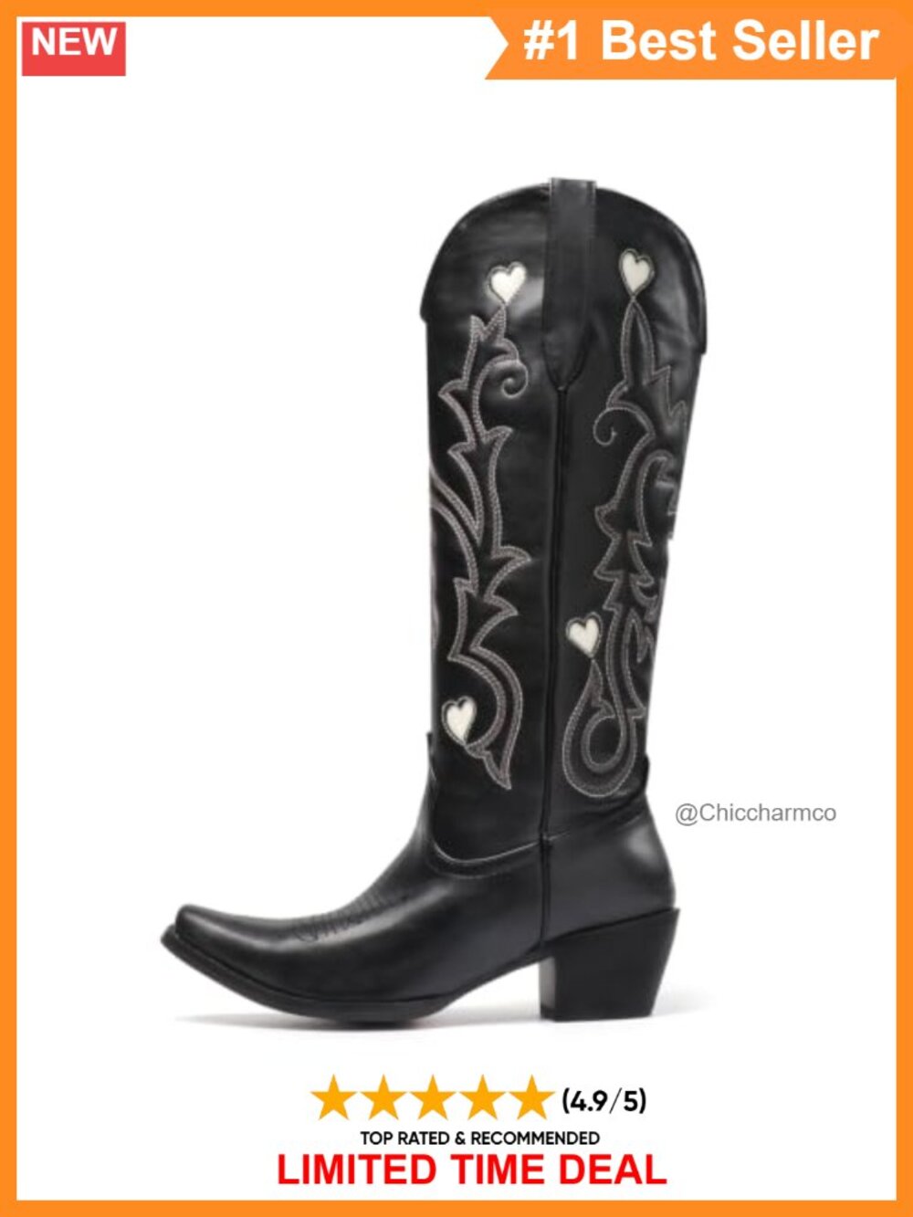 Faux Leather Knee High Cowboy Boots Heart Embroidery Chunky Heel